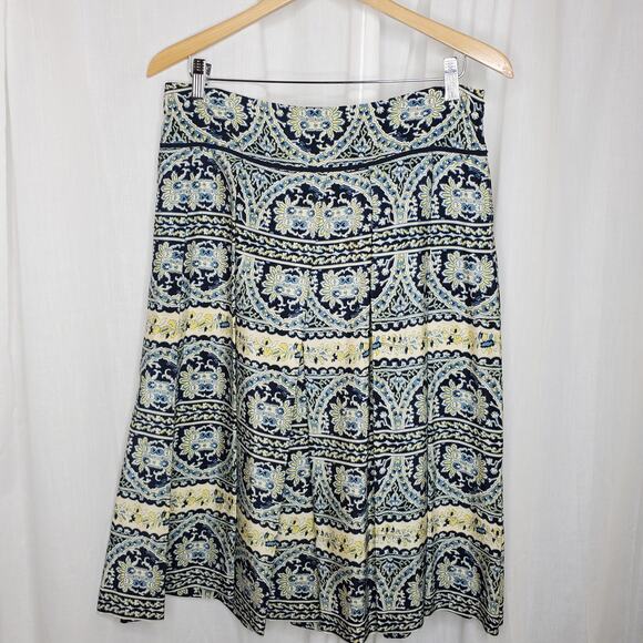 DKNY Navy & Cream Paisley Print Pleated Silk Skirt, 10 - Picture 1 of 8